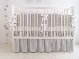 Gray Linen Crib Bedding Set - with white ties - Moods The Linen Store